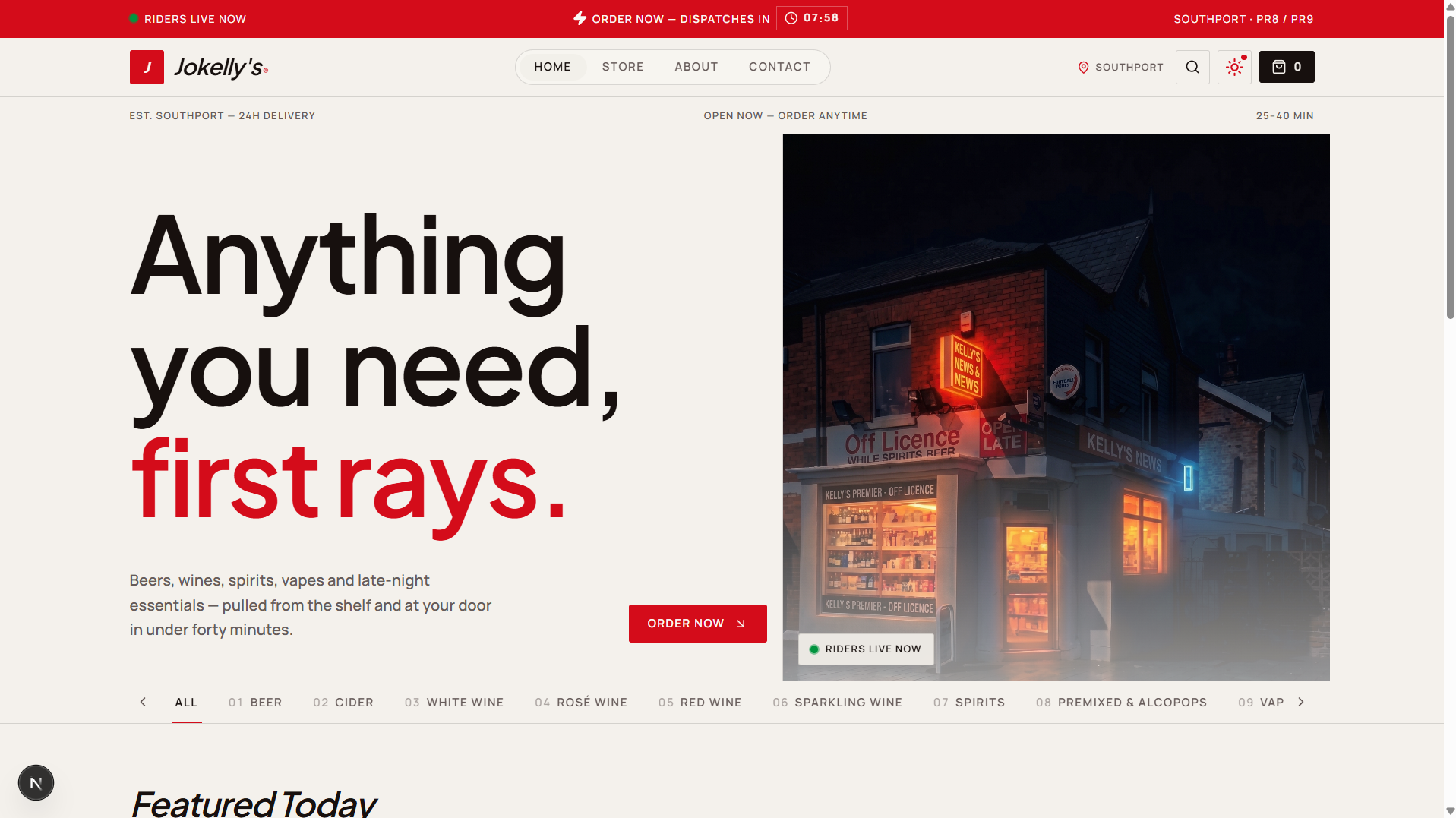 Jokelly's Off Licence storefront website hero with live delivery status